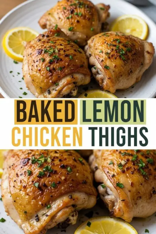 Baked lemon chicken thighs garnished with herbs and lemon slices, served with roasted vegetables.