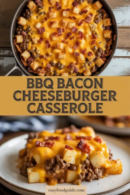 BBQ Bacon Cheeseburger Casserole topped with melted cheese and green onions in a baking dish on a wooden table.