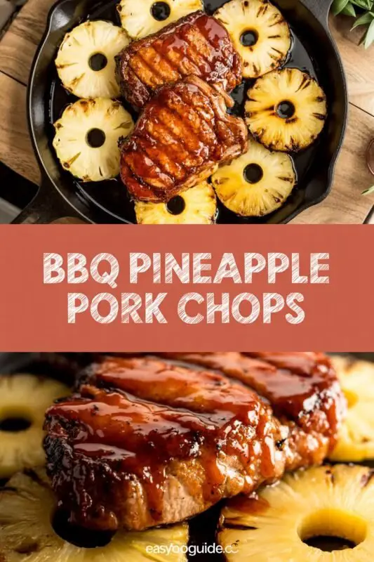 Grilled BBQ Pineapple Pork Chops with caramelized pineapple rings, served with rice and salad on a rustic table.