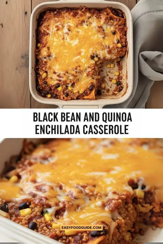 A cheesy Black Bean and Quinoa Enchilada Casserole with layers of quinoa, black beans, corn, and enchilada sauce, garnished with cilantro, served with tortilla chips.