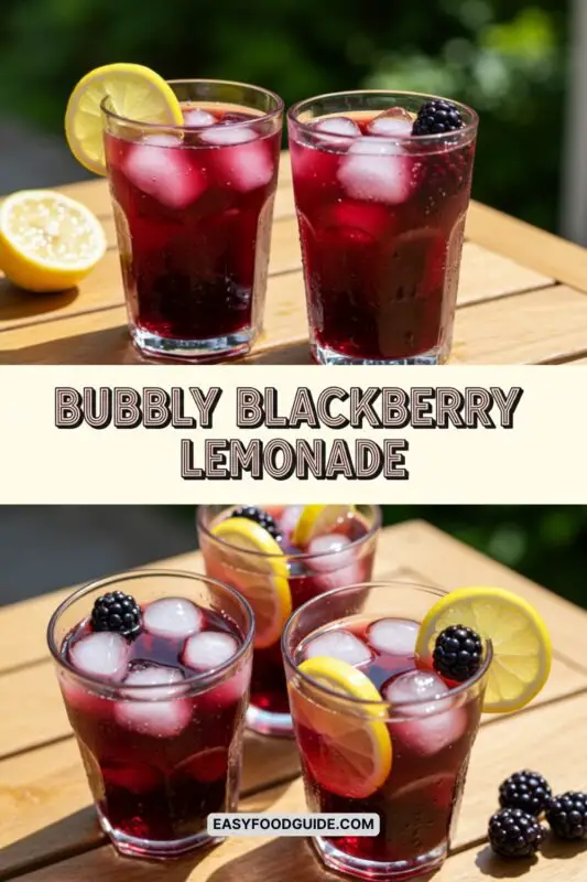 A refreshing glass of bubbly blackberry lemonade with blackberries and lemon slices on a sunny outdoor table.