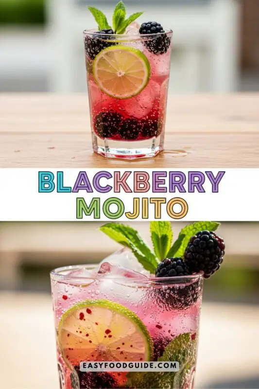 A refreshing Blackberry Mojito in a tall glass with blackberries, mint, and lime on a wooden table.
