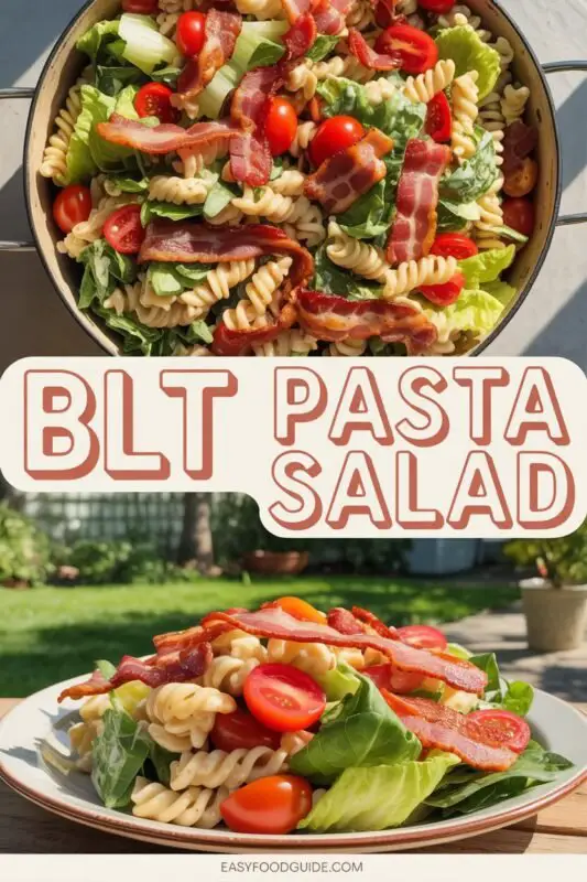 A colorful bowl of creamy BLT pasta salad with bacon, tomatoes, and lettuce, ready for a summer picnic.