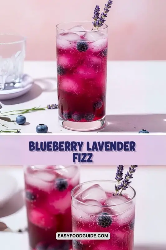 Blueberry Lavender Fizz cocktail in a tall glass with lavender and blueberries, set in a cozy atmosphere.