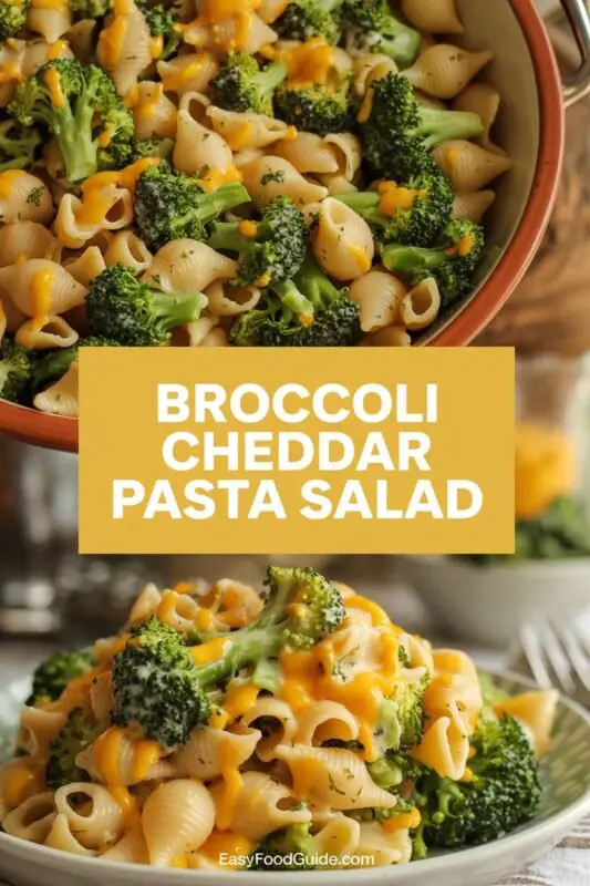 A bowl of creamy broccoli cheddar pasta salad with broccoli, cheddar cheese, and pasta shells, garnished with herbs.