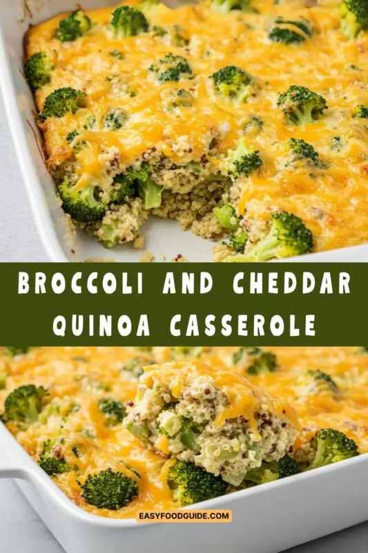 Broccoli and Cheddar Quinoa Casserole in a rustic dish, garnished with herbs, served with a side salad.
