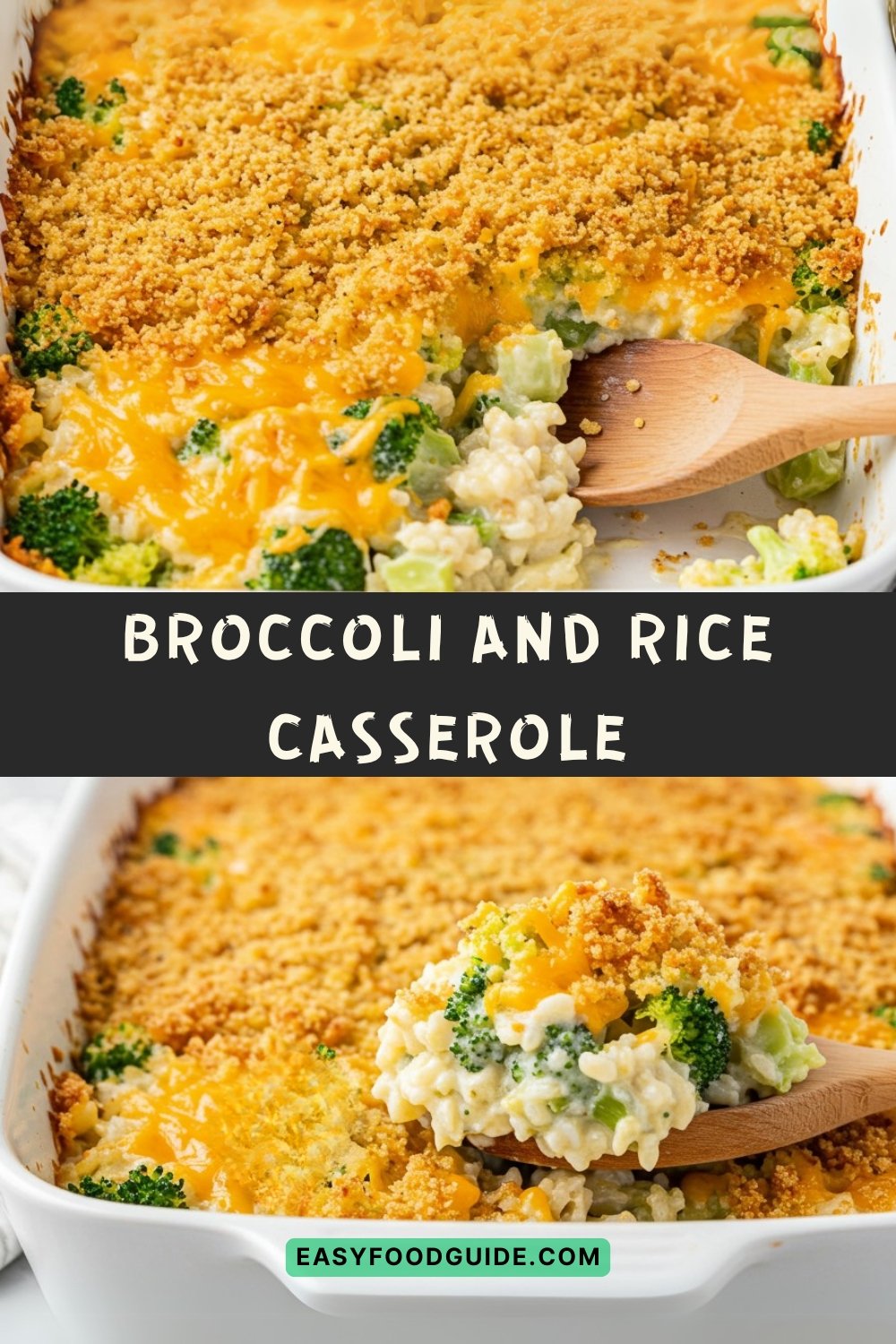 A delicious broccoli cheddar rice casserole with a golden breadcrumb topping in a white dish.