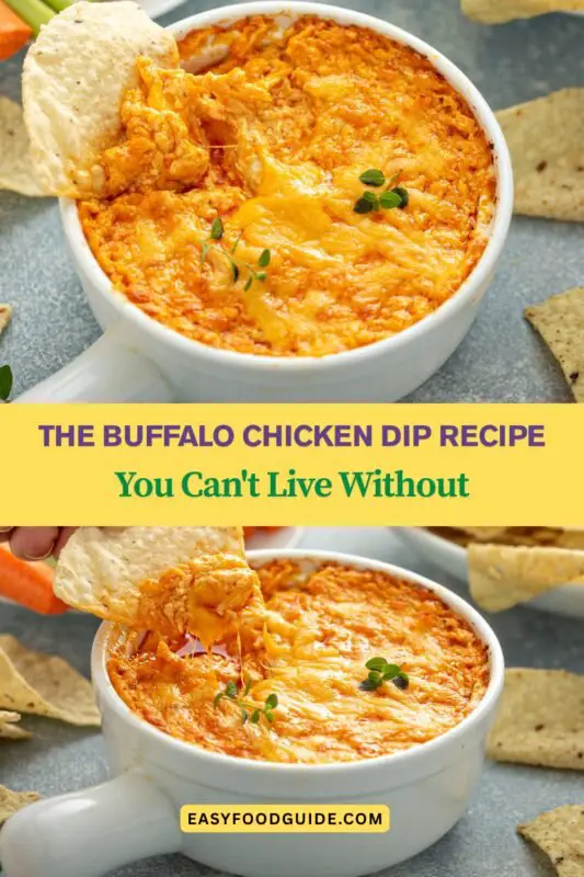 A warm buffalo chicken dip in a baking dish with tortilla chips and celery sticks on the side.