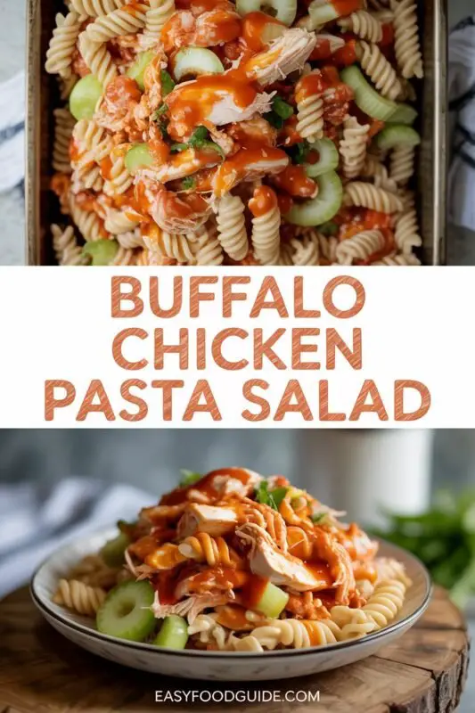 A colorful bowl of Buffalo Chicken Pasta Salad with rotini, shredded chicken, celery, and ranch dressing, garnished with green onions.