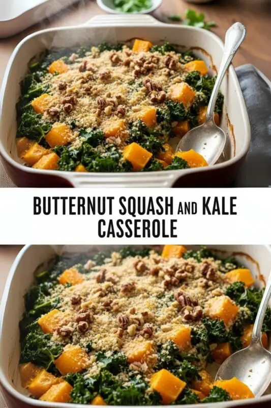 A creamy butternut squash and kale casserole with a crunchy topping in a white dish on a rustic table.