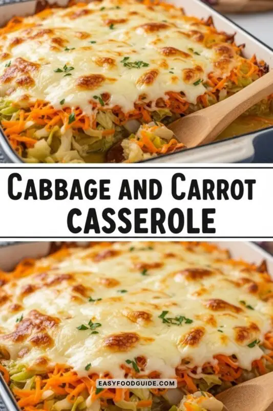 A bubbling Cabbage and Carrot Casserole with cheese topping, served in a rustic dish.