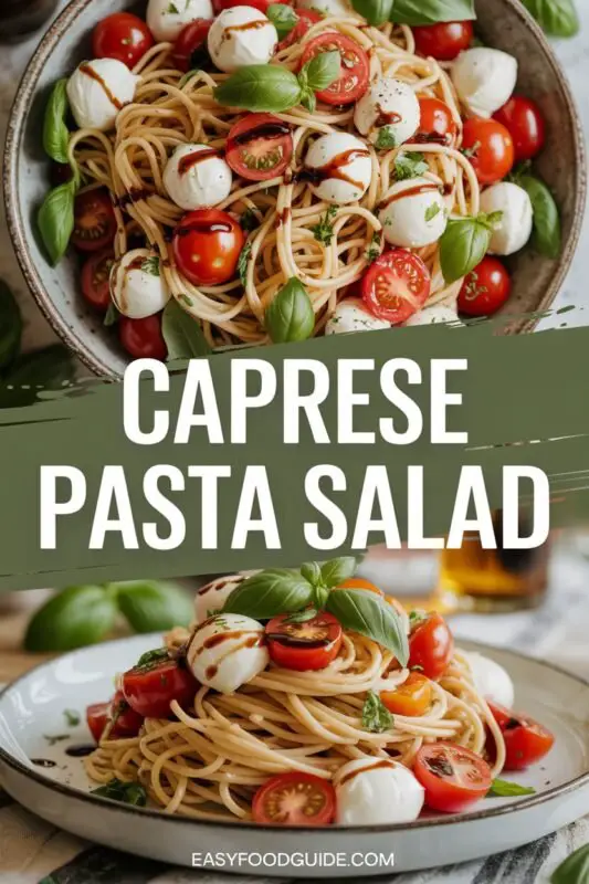 A colorful Caprese Pasta Salad with cherry tomatoes, mozzarella, basil, and pasta, garnished with balsamic glaze on a rustic table.