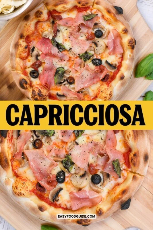A delicious Capricciosa pizza topped with Fior Di Latte, black olives, prosciutto cotto, and mushrooms on a wooden table.