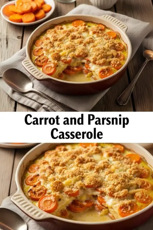 A golden brown carrot and parsnip casserole with crispy breadcrumbs, garnished with herbs, on a rustic table.