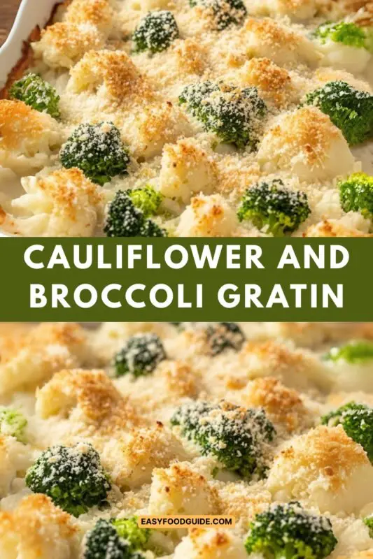 A delicious cauliflower and broccoli gratin with a golden breadcrumb topping, served in a rustic dish.