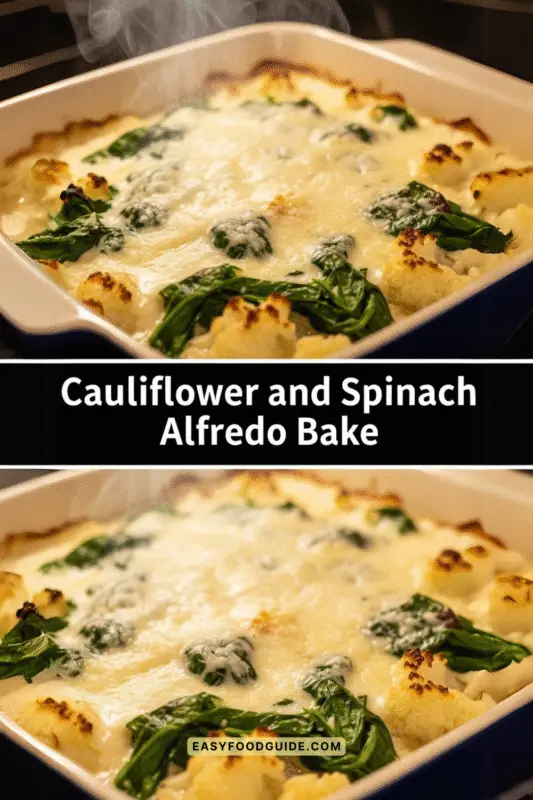 A creamy cauliflower and spinach casserole baked to golden perfection, served in a rustic dish.