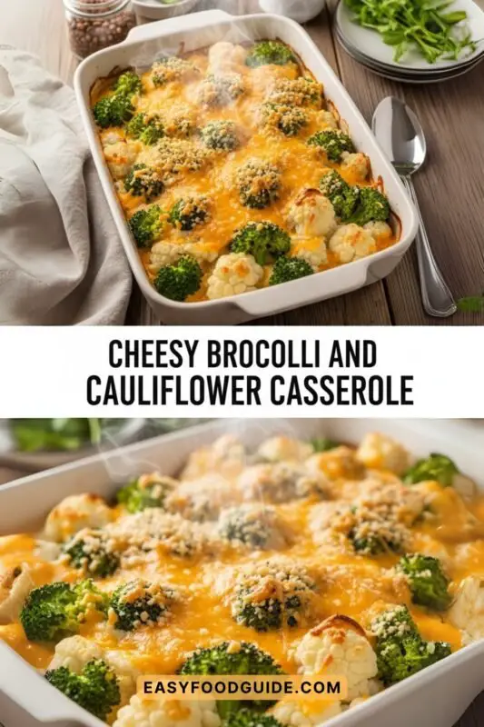 Cheesy broccoli and cauliflower casserole in a rustic dish, golden and bubbly, on a wooden table.
