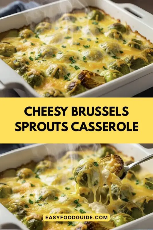 Cheesy Brussels Sprouts Casserole with bacon bits and parsley, served in a rustic dish.