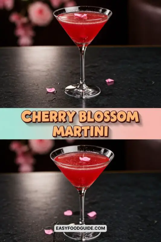 A Cherry Blossom Martini with cherry vodka and grenadine, garnished with cherry blossom petals, on a floral background.