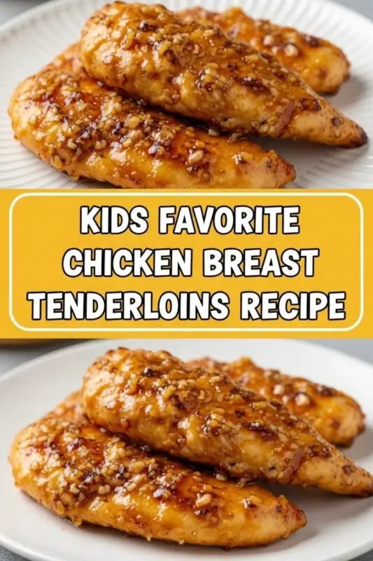 Baked chicken breast tenderloins on a plate with vegetables and dipping sauce, on a rustic table.