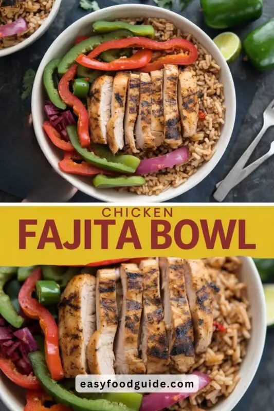 A colorful Chicken Fajita Bowl with grilled chicken, bell peppers, onions, and brown rice, garnished with cilantro and lime.