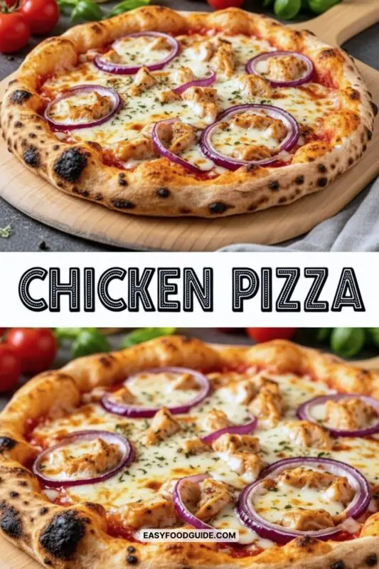 BBQ chicken pizza with mozzarella, red onion, and barbecue sauce on a wooden table.