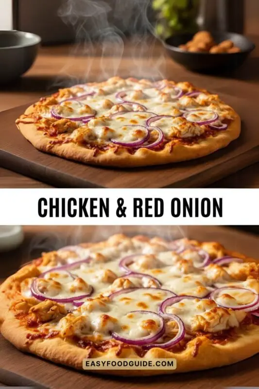 Flatbread pizza with shredded chicken, red onion, and mozzarella cheese, garnished with barbecue sauce on a wooden board.