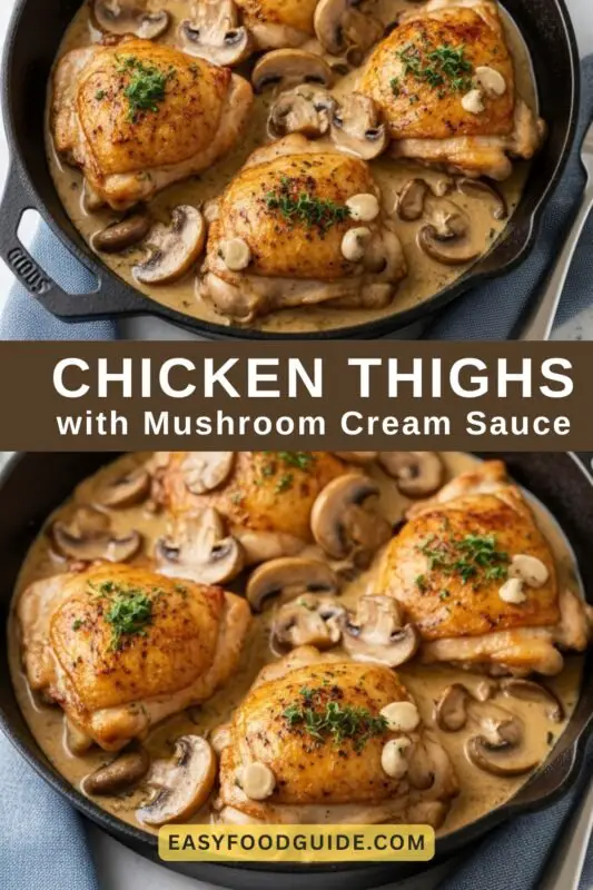 Chicken thighs in creamy mushroom sauce garnished with parsley on a rustic table.