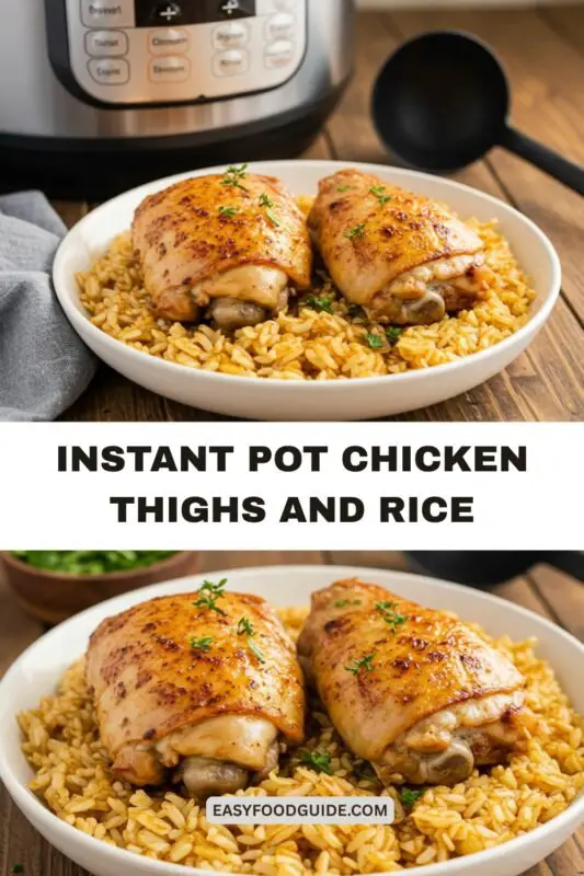 A plate of Instant Pot Chicken Thighs and Rice garnished with parsley, served on a rustic wooden table.