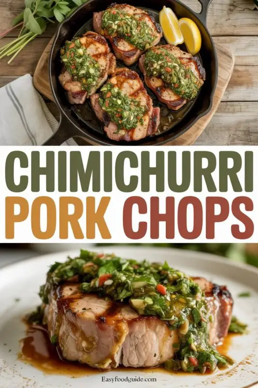 Grilled pork chop with chimichurri sauce on a wooden table with vegetables and wine.