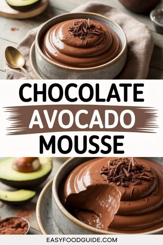 A rich bowl of chocolate avocado mousse topped with berries and mint, served in a glass dish on a rustic table.
