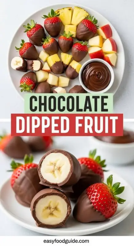 An elegant platter of chocolate dipped strawberries, bananas, pineapples, and apples, showcasing the glossy chocolate coating.
