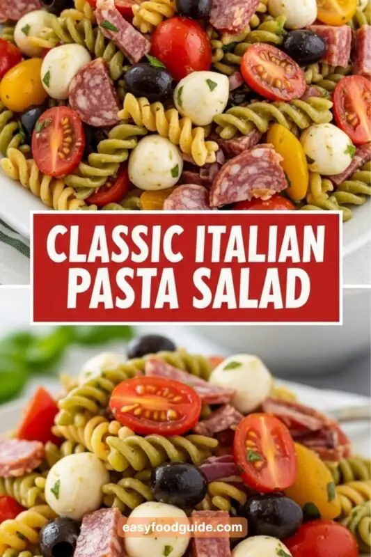 A vibrant bowl of Italian Pasta Salad with rotini, tomatoes, olives, mozzarella, and salami, garnished with basil.