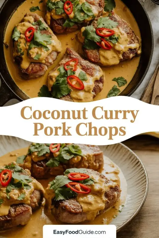 Coconut Curry Pork Chops on rice with coconut sauce, garnished with cilantro and lime.