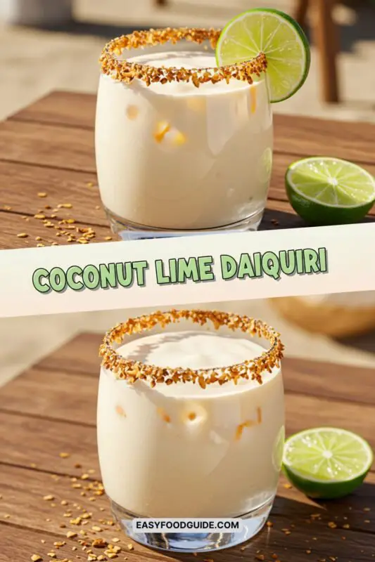 Coconut Lime Daiquiri in a glass with toasted coconut rim, garnished with lime, on a beach setting.