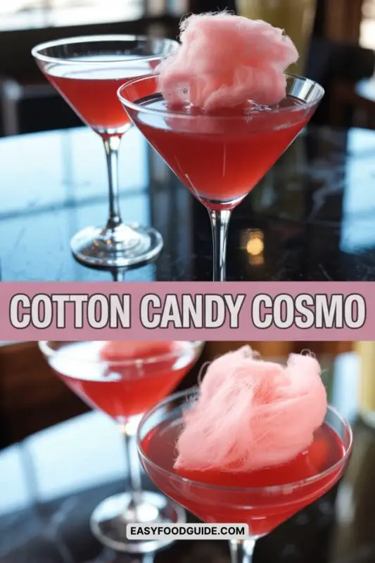 Cotton Candy Cosmo cocktail in a martini glass with cotton candy garnish on a pastel background.