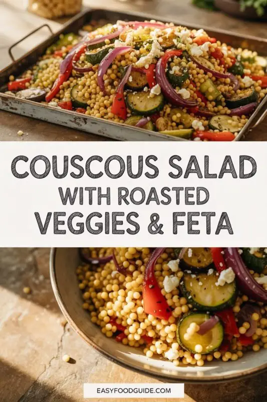 A vibrant Mediterranean Couscous Salad with roasted vegetables and feta cheese, garnished with parsley on a rustic table.