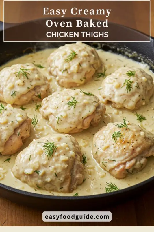 Creamy oven baked chicken thighs in garlic Parmesan sauce, garnished with dill, served with vegetables and mashed potatoes.