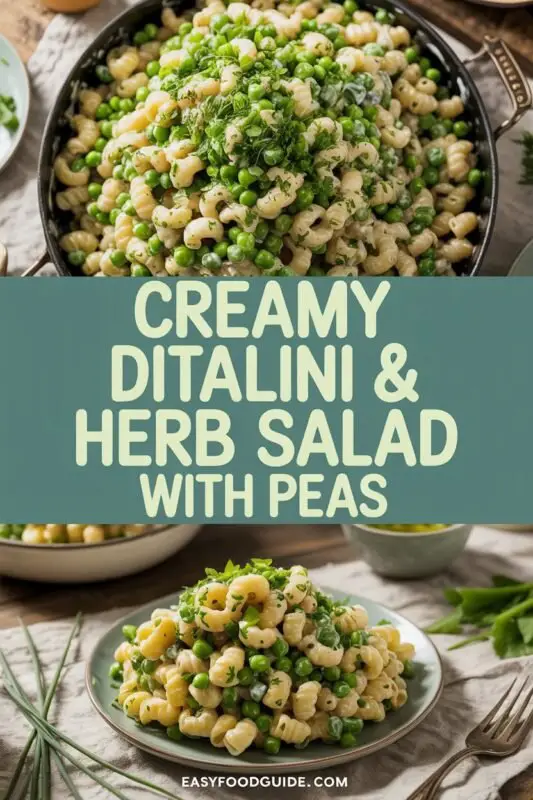 Creamy Ditalini pasta salad with peas and herbs in a rustic bowl, set in a picnic setting.