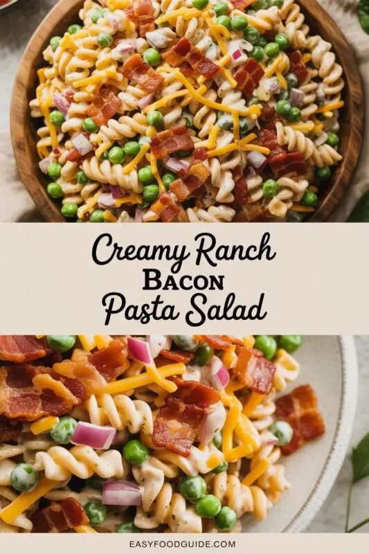 A bowl of creamy ranch bacon pasta salad with rotini, bacon, peas, cheese, and onions, garnished with herbs.