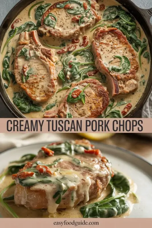 Creamy Tuscan pork chops with garlic Parmesan sauce, sun-dried tomatoes, and spinach on a plate.