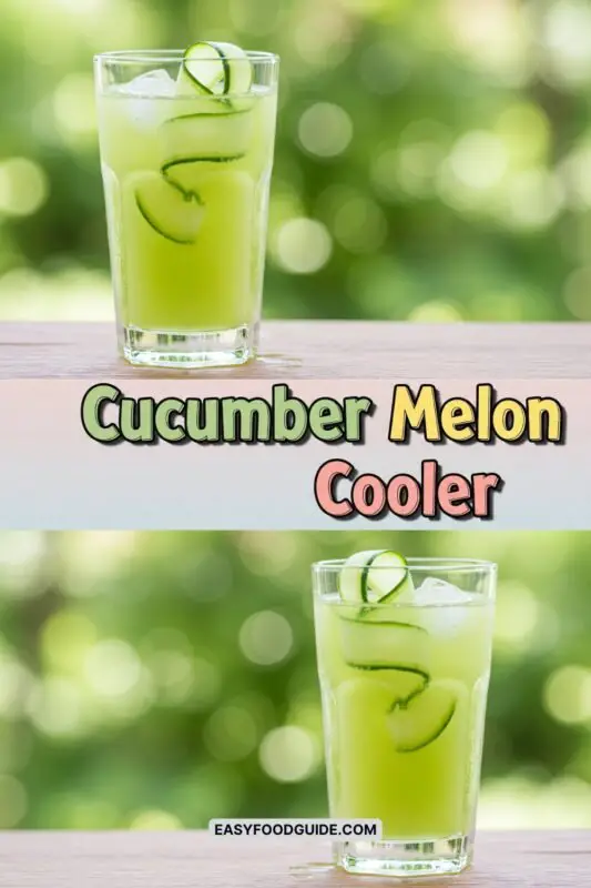 A tall glass of Cucumber Melon Cooler with cucumber ribbons, ice, and a slice of melon in a bright outdoor setting.