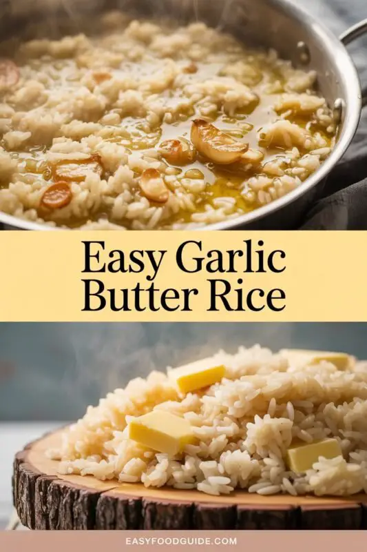 Fluffy garlic butter rice in a bowl, garnished with parsley, on a rustic table.