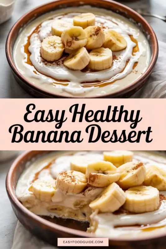 Creamy vegan banana pudding in a bowl, garnished with nuts, with whole bananas in the background.