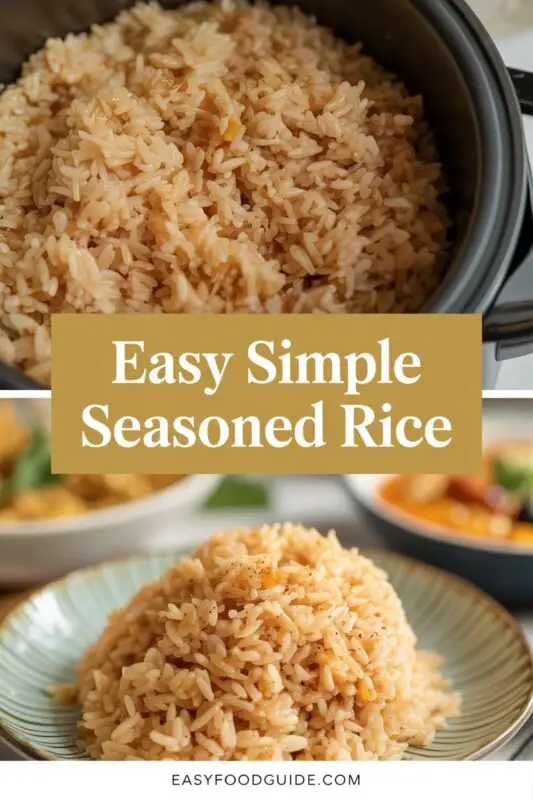 Fluffy seasoned rice in a bowl with grilled chicken and roasted vegetables on a rustic table.