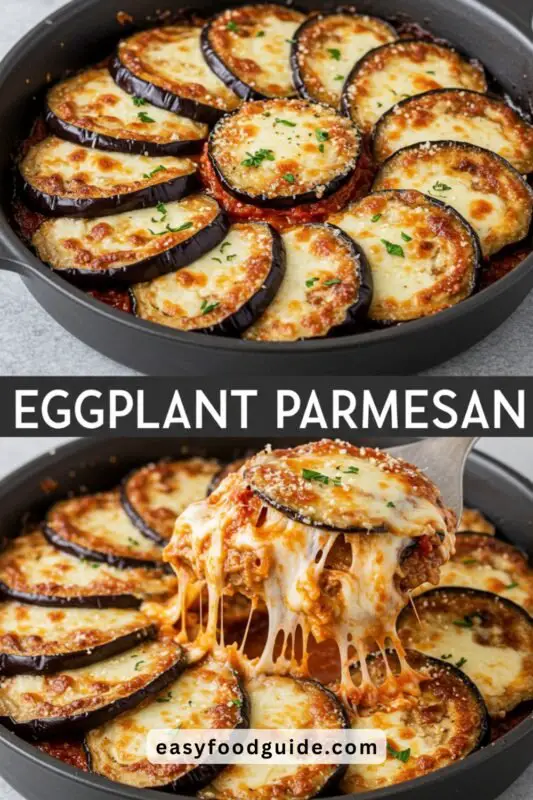 Layered Eggplant Parmesan with crispy eggplant, tomato sauce, and melted cheese, garnished with basil, served with bread and salad.