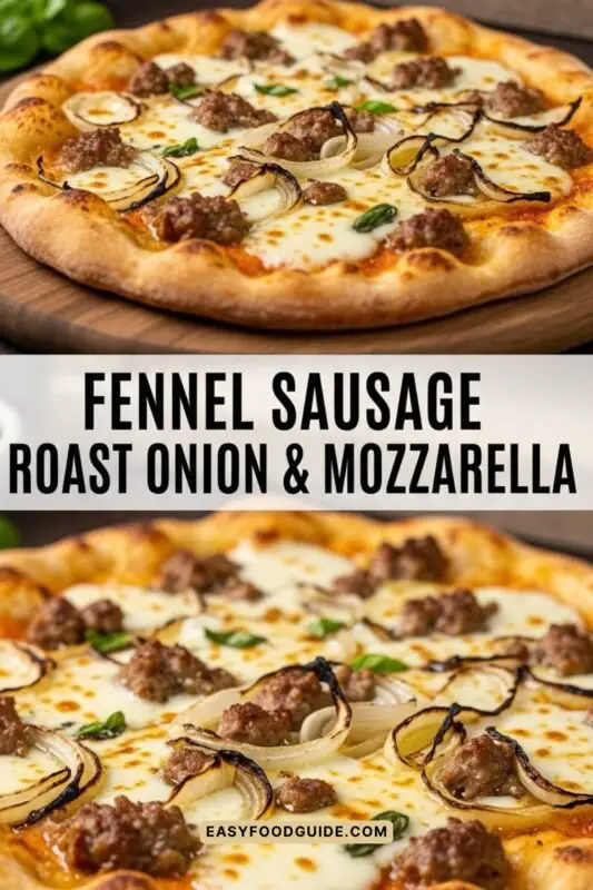 A delicious fennel sausage and roasted onion pizza with mozzarella on a rustic wooden board.