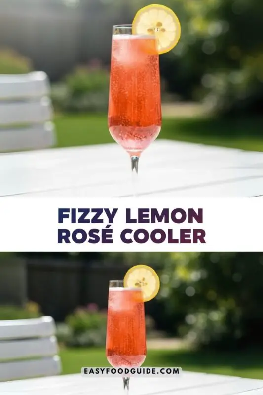 Fizzy Lemon Rosé Cooler in a flute glass with lemon slices, set on a garden table.