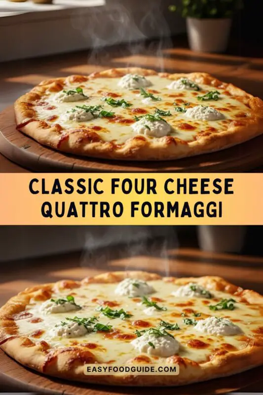 Classic Four Cheese Pizza with mozzarella, ricotta, parmigiano, and romano cheeses on a wooden table.
