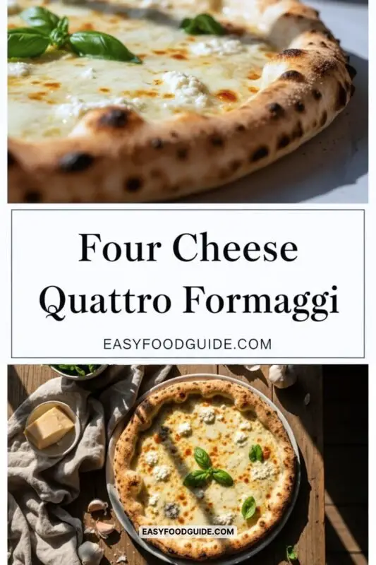 Four Cheese Quattro Formaggi pizza with golden crust, topped with mozzarella, ricotta, parmigiano, Romano, and garlic, garnished with basil.